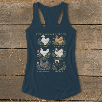 Dark blue tank top with "The Backyard Flock" and illustrations of Silkie, Orpington, Leghorn, Brahma, Wyandotte, and Polish chickens.