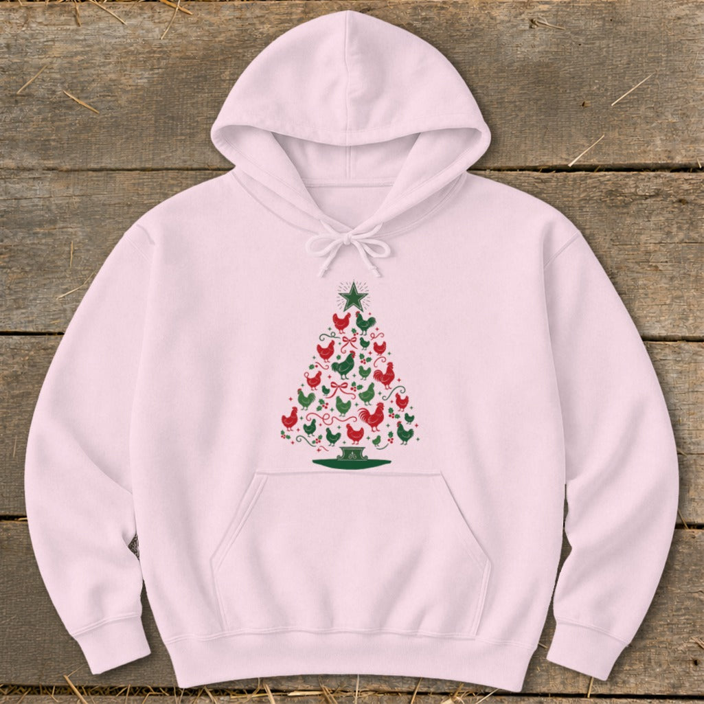Pink hoodie with a Christmas tree made of red and green chickens.