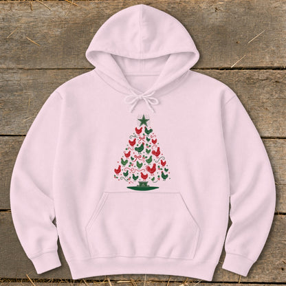 Pink hoodie with a Christmas tree made of red and green chickens.