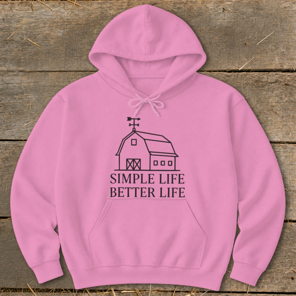 Pink hoodie with a black barn graphic and text "SIMPLE LIFE BETTER LIFE".