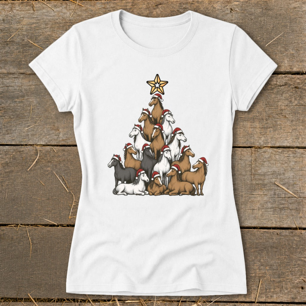 White t-shirt with a Christmas tree made of horses wearing Santa hats.