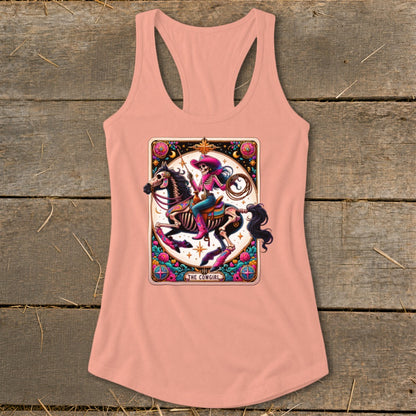 Skeleton cowgirl riding a horse, depicted in a tarot card style with floral border.