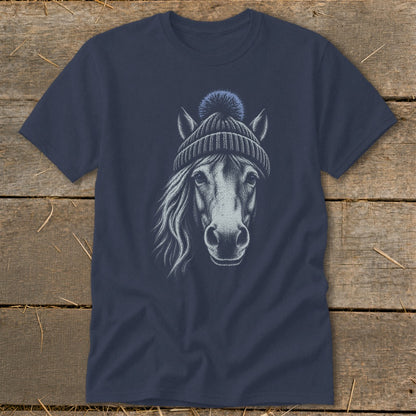 Dark navy t-shirt with a sketch of a horse wearing a knit beanie.