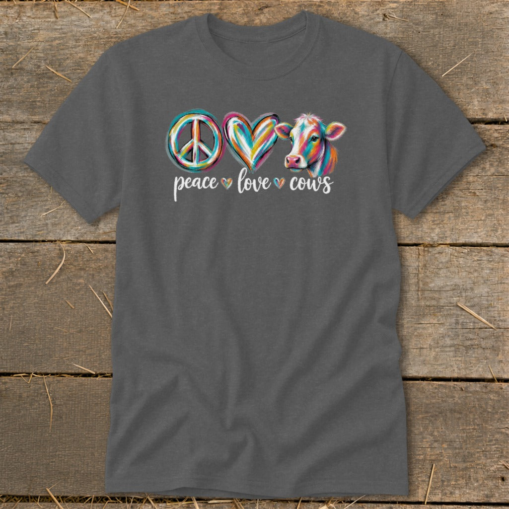 Dark grey t-shirt with "peace love cows" text and graphic of colorful peace sign, heart, and cow.