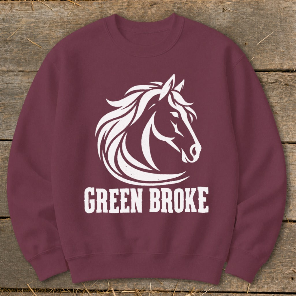 Maroon crewneck sweatshirt featuring a white graphic of a horse head and the text GREEN BROKE.