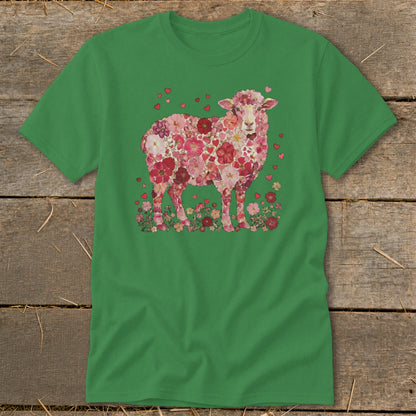 Green t-shirt with a sheep design made of pink and red flowers and hearts.