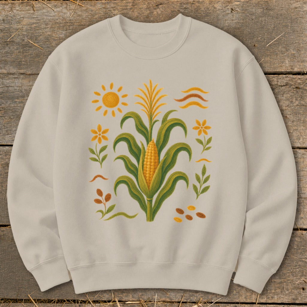 Light beige sweatshirt with a corn stalk, sun, flowers, and autumn leaves graphic.