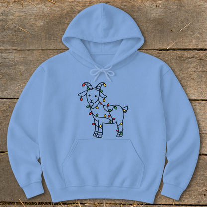 Light blue hoodie with a line drawing of a goat wrapped in colorful Christmas lights.