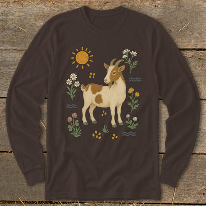 Brown long-sleeve shirt with a brown goat and colorful floral design.