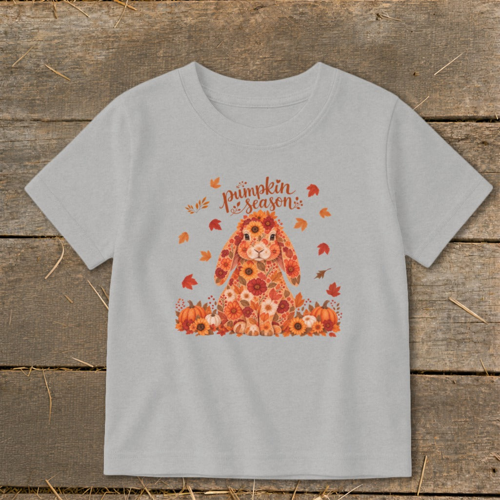 Light grey t-shirt with a floral bunny, pumpkins, and "Pumpkin Season" text.