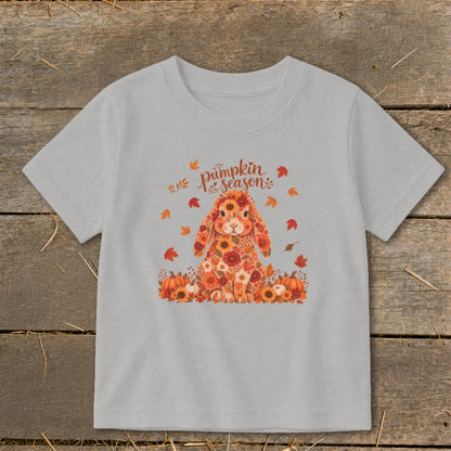Light grey t-shirt with a floral bunny, pumpkins, and "Pumpkin Season" text.