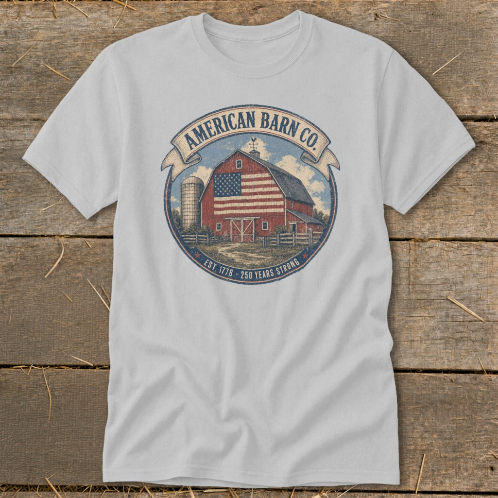 T-shirt graphic with American flag barn, silo, and text "American Barn Co."