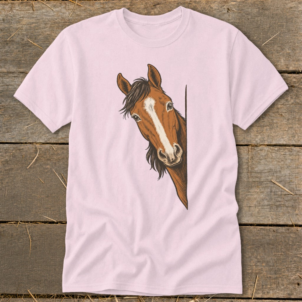 Pink t-shirt with a drawing of a brown horse peeking from the right side.