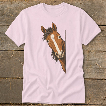 Pink t-shirt with a drawing of a brown horse peeking from the right side.