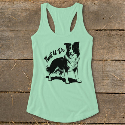 Light mint tank top with black border collie graphic and text "That U Do".