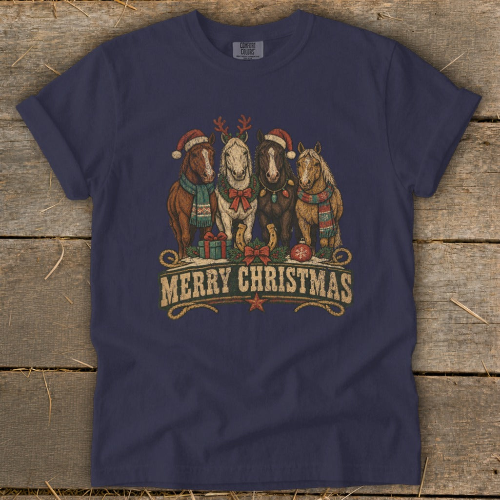 Four horses in Christmas attire with "Merry Christmas" text below.