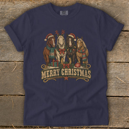 Four horses in Christmas attire with "Merry Christmas" text below.