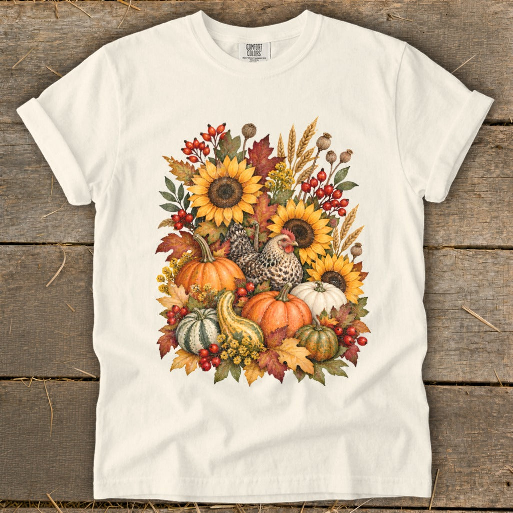 Watercolor fall harvest featuring sunflowers, pumpkins, gourds, chicken, and berries.