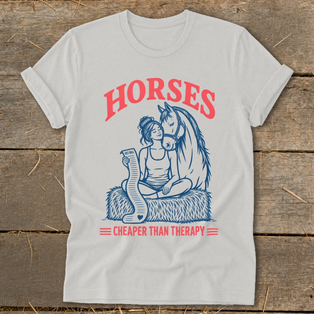 Horses graphic with woman and horse, vet bill and text "Cheaper Than Therapy".