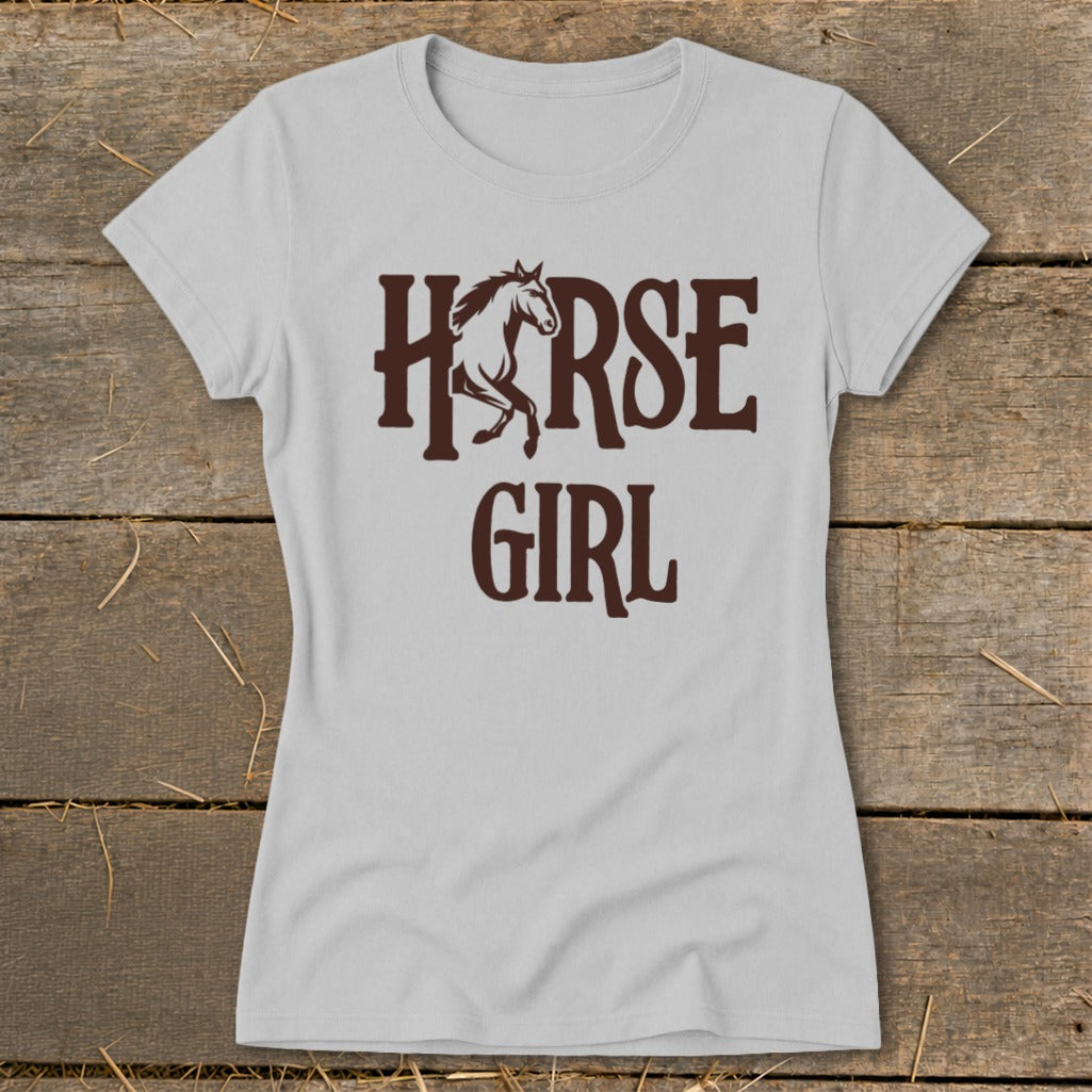 Light grey t-shirt with dark brown "HORSE GIRL" text and horse graphic.