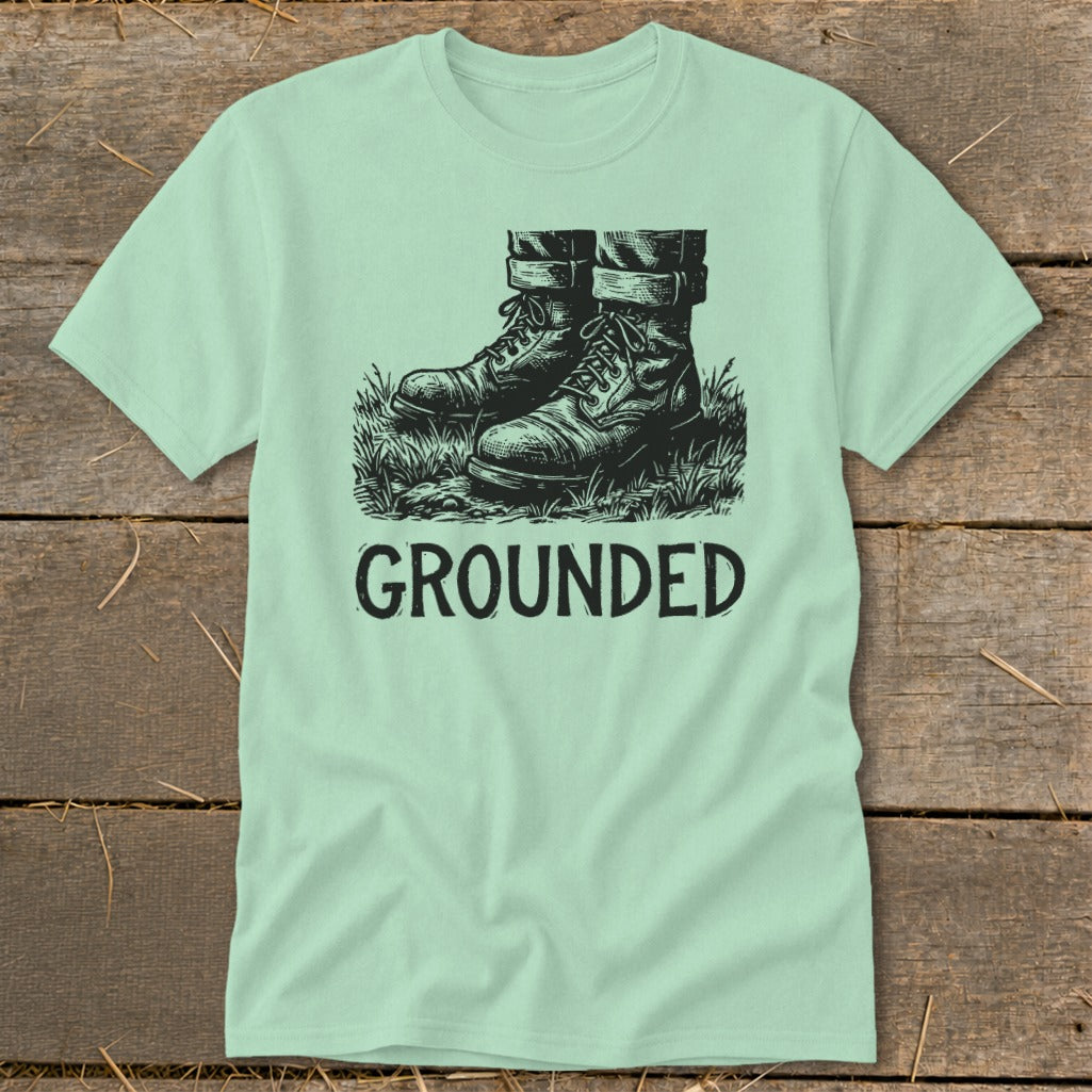 Light green t-shirt with a black graphic of boots in grass and the word GROUNDED.
