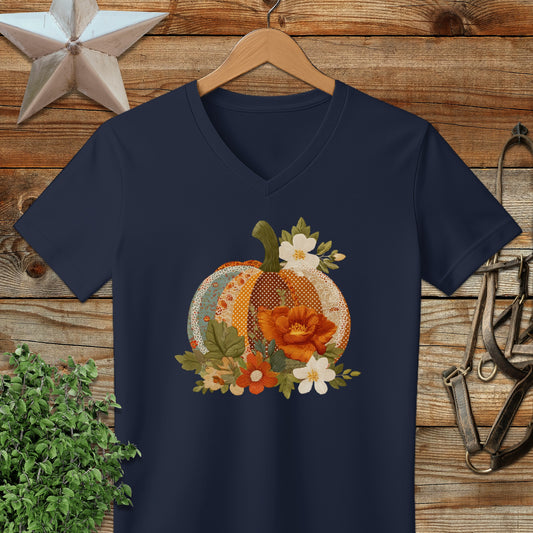 Floral Pumpkin Patchwork Design V-Neck T-Shirt product type