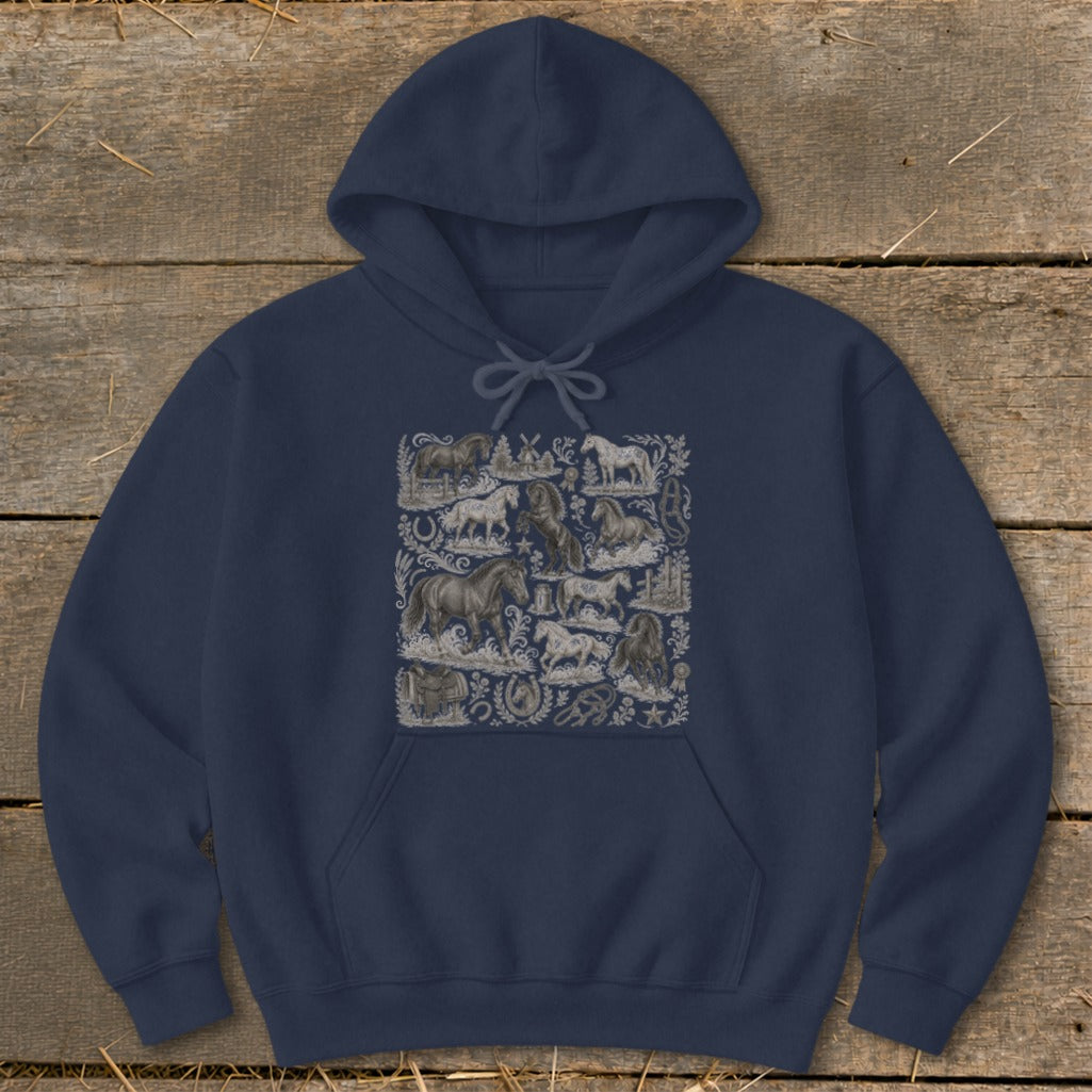 Navy hoodie with detailed horse illustrations and equestrian elements arranged in a grid pattern.