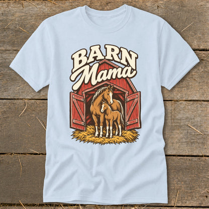 Barn Mama text over a horse and foal in an open red barn.