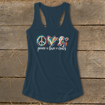Dark blue tank top with "peace love cows" text and colorful graphics.