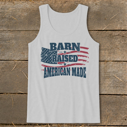 White tank top with "Barn Raised American Made" text and American flag graphic.