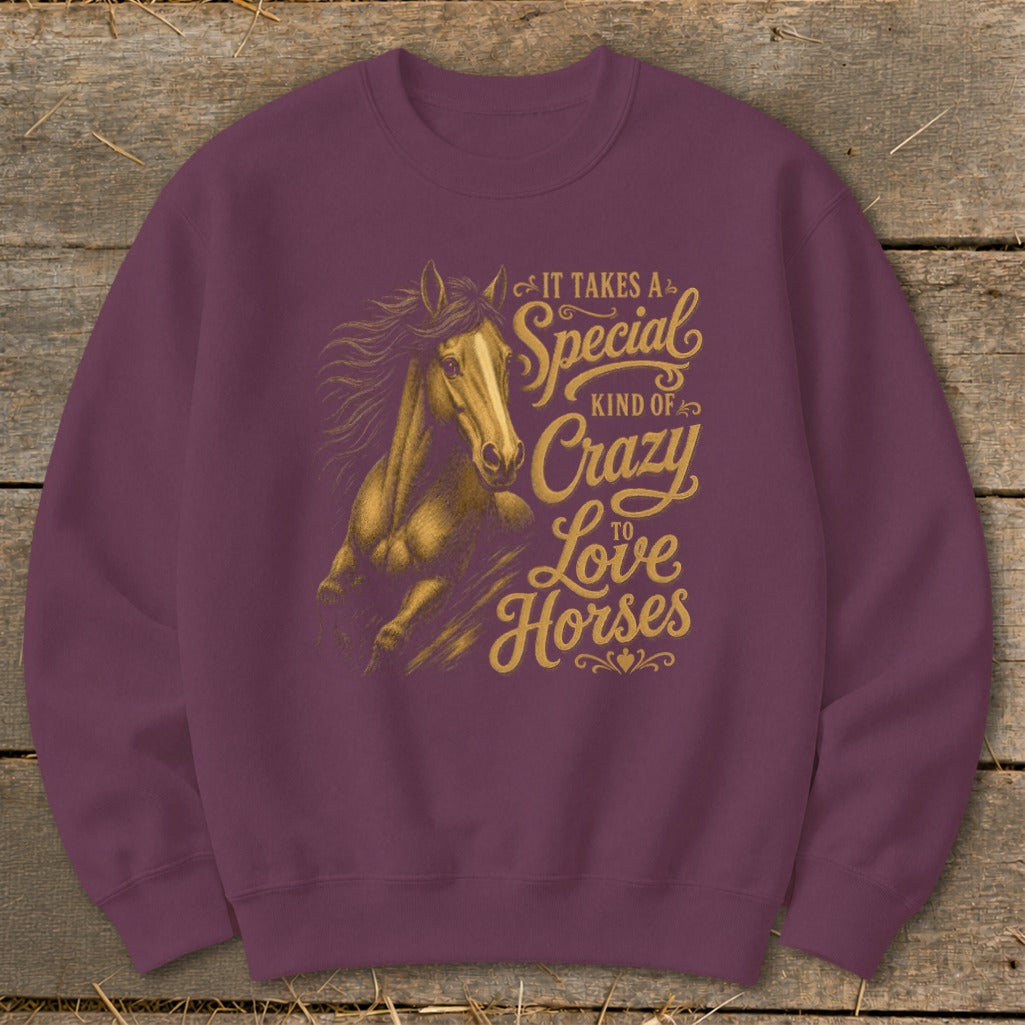 Maroon sweatshirt with gold text and horse graphic: "It takes a special kind of crazy to love horses."