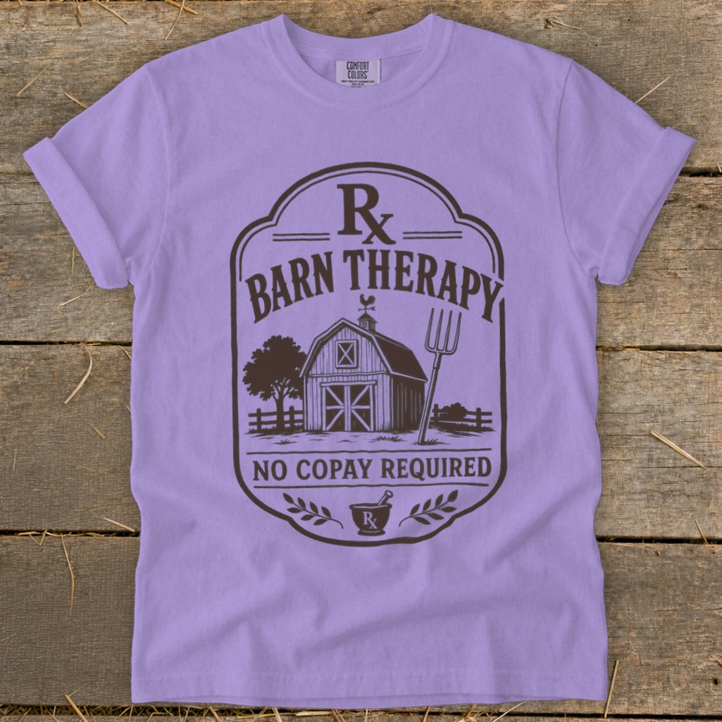 Barn therapy graphic with barn, pitchfork, and text "No Copay Required".