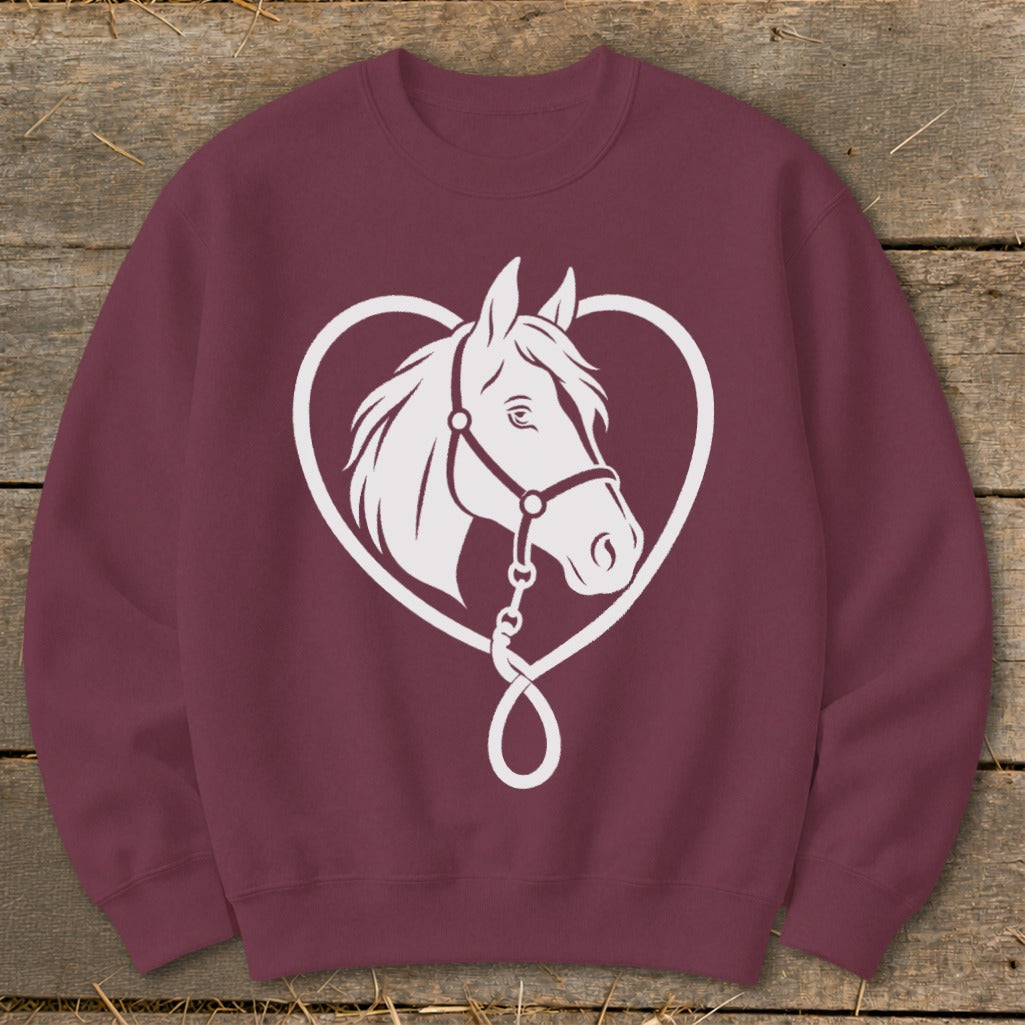 Maroon crewneck sweatshirt featuring a white graphic of a horse's head framed inside a heart.