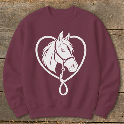 Maroon crewneck sweatshirt featuring a white graphic of a horse's head framed inside a heart.