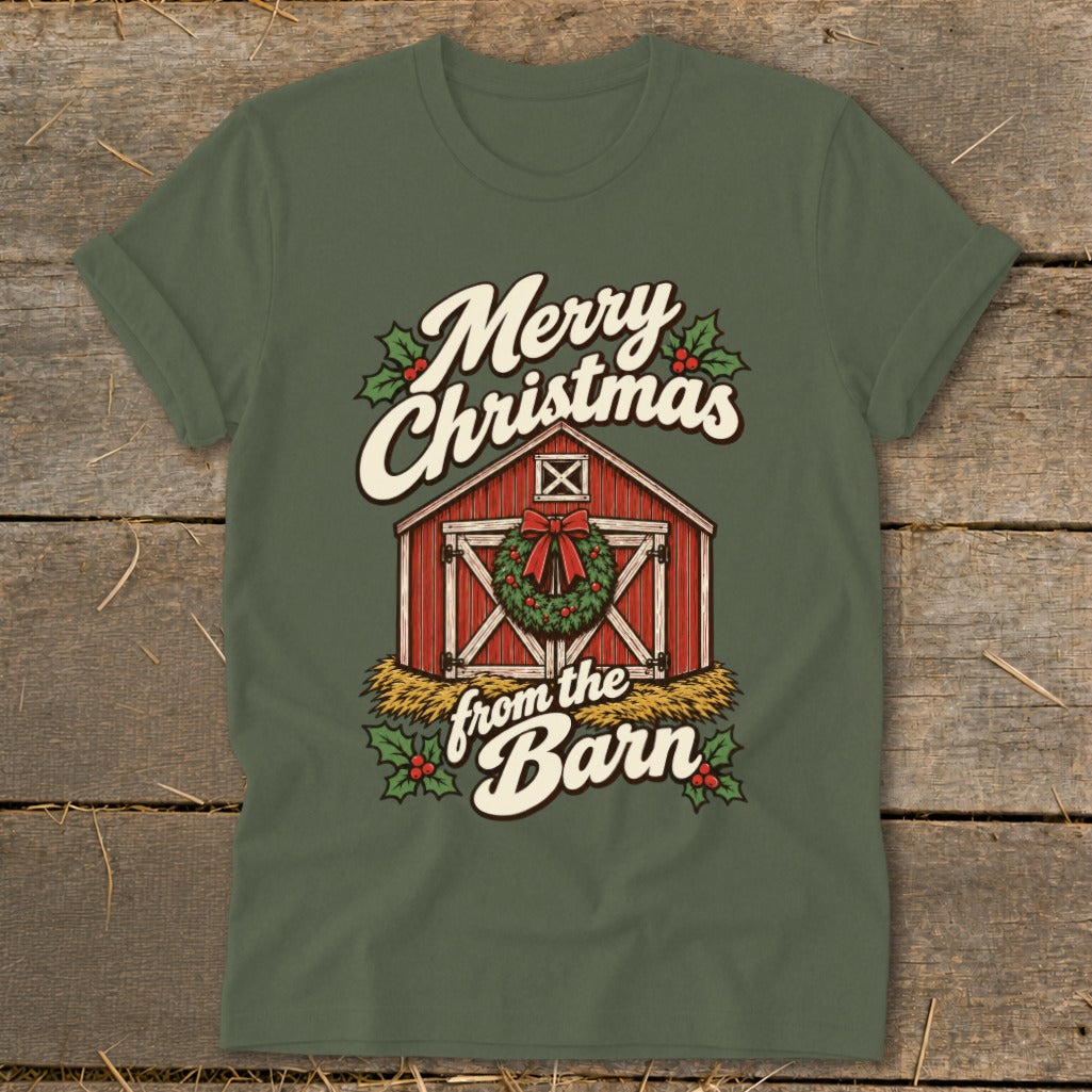 Green t-shirt with Merry Christmas from the Barn design and red barn graphic.