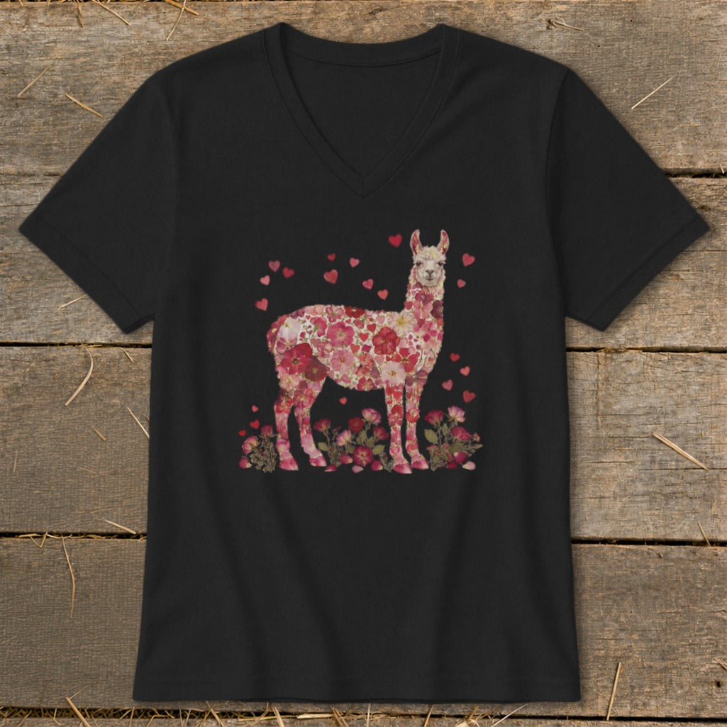 Black t-shirt featuring a floral alpaca surrounded by hearts and flowers.