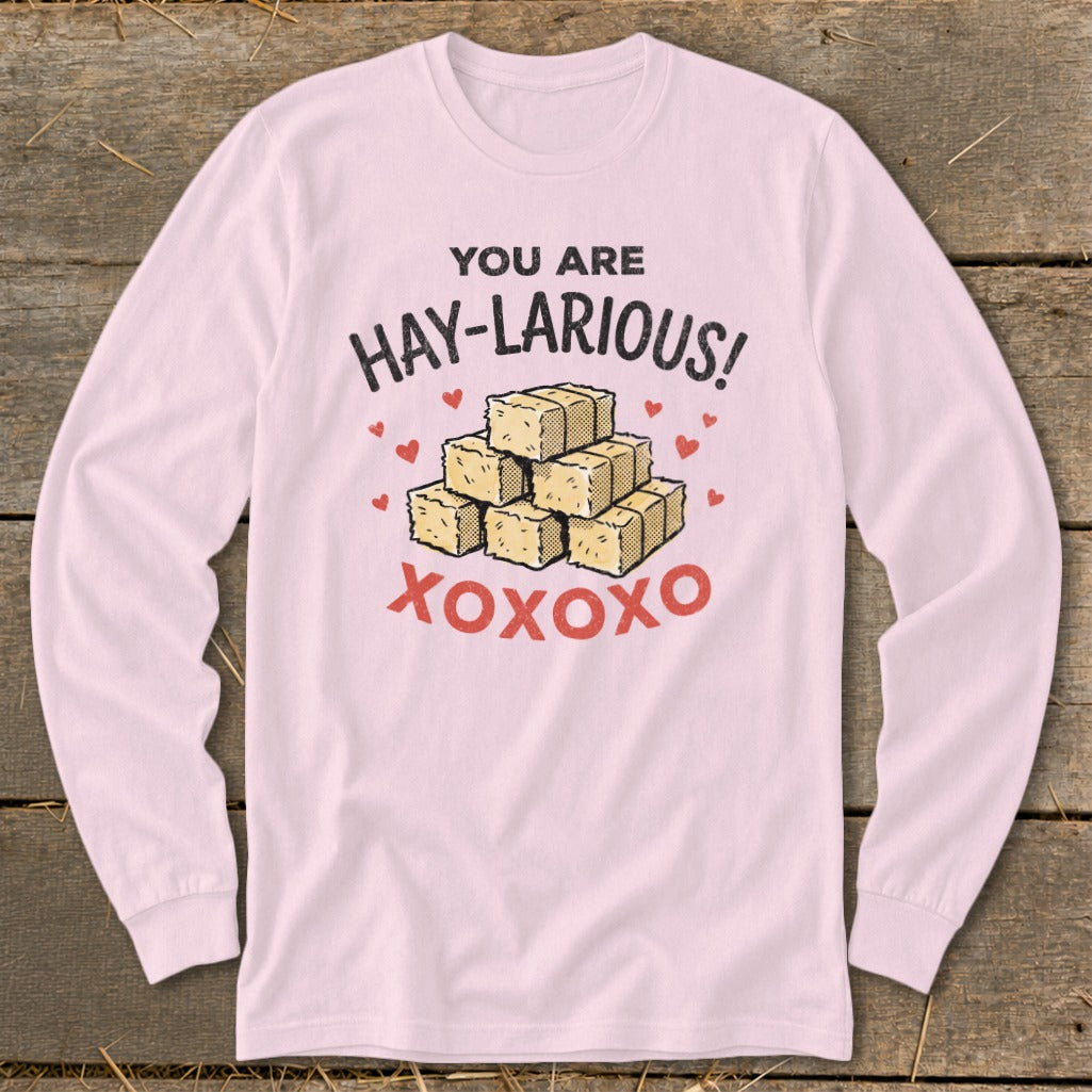Pink long-sleeve shirt with "YOU ARE HAY-LARIOUS!" and XOXOXO graphics.