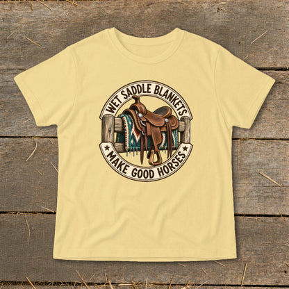 Yellow t-shirt with a western-style graphic of a saddle and blanket.