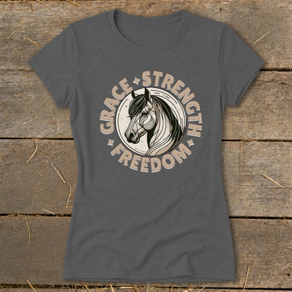 Grey t-shirt with a circular design featuring a horse head and text: Grace, Strength, Freedom.
