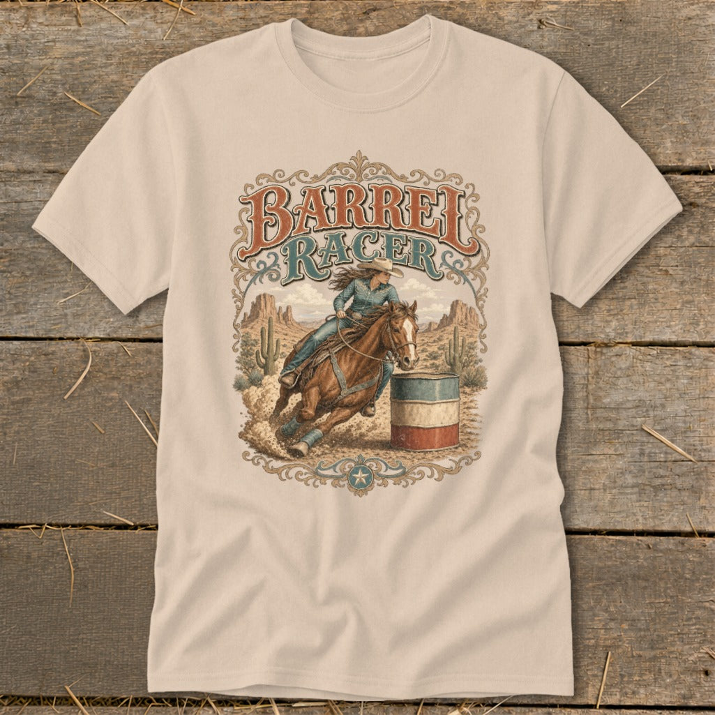 Barrel racer on horseback turns around a barrel in a desert landscape, with "Barrel Racer" text.