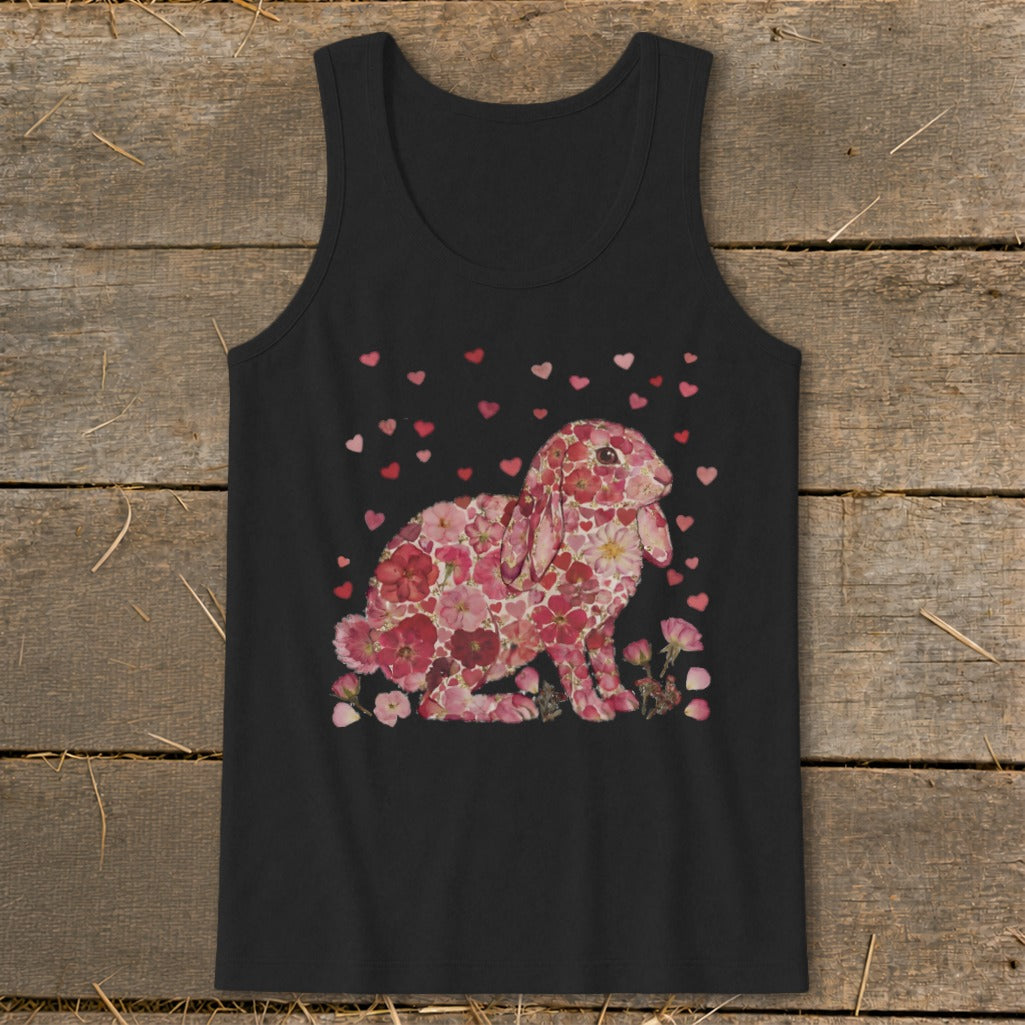 Black tank top featuring a rabbit silhouette composed of pink and red flowers.