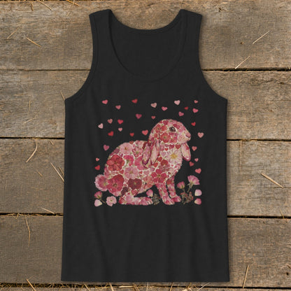 Black tank top featuring a rabbit silhouette composed of pink and red flowers.