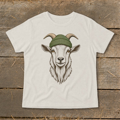 T-shirt with illustration of a goat wearing a green beanie