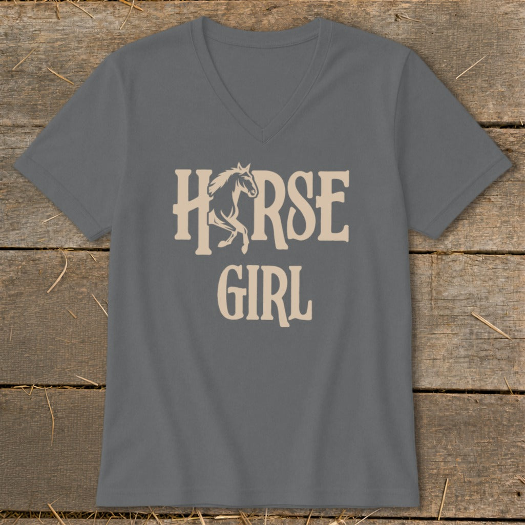 Grey v-neck t-shirt with "HORSE GIRL" text and a horse graphic.