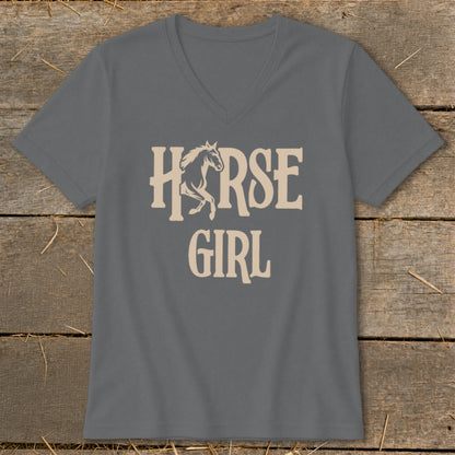 Grey v-neck t-shirt with "HORSE GIRL" text and a horse graphic.