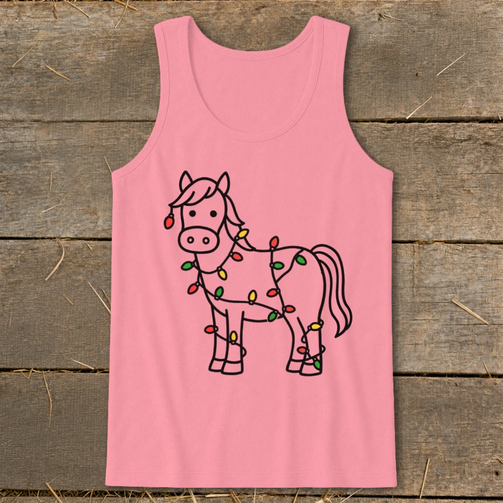 Pink tank top with a black outline drawing of a horse wrapped in colorful Christmas lights.