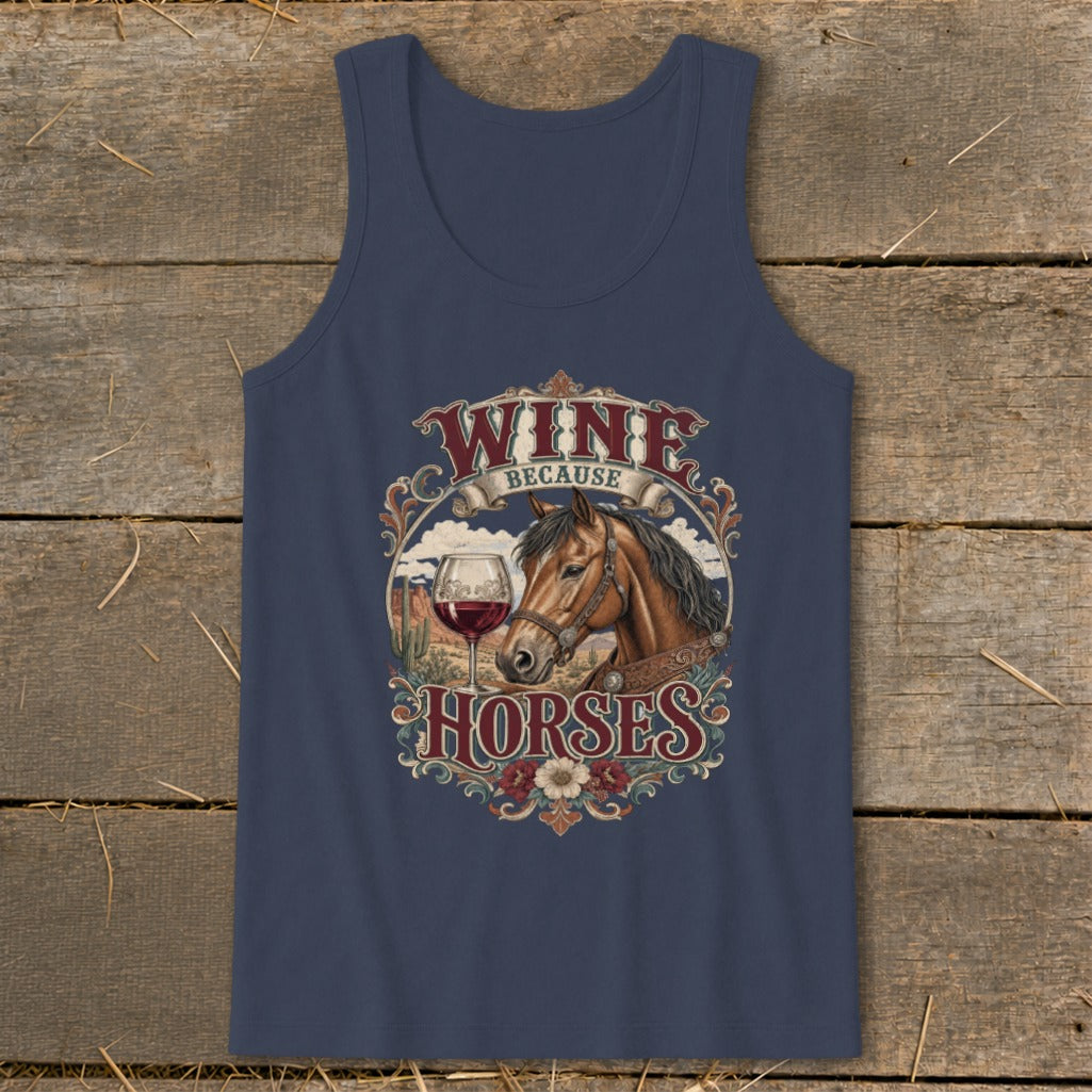 Navy tank top with "Wine Because Horses" text and horse and wine graphic.