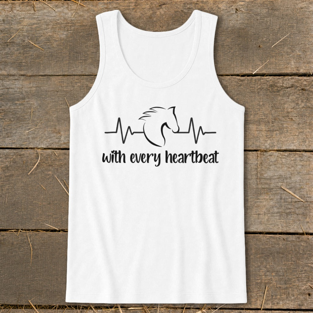 White tank top with black horse head silhouette within a heartbeat line and text.