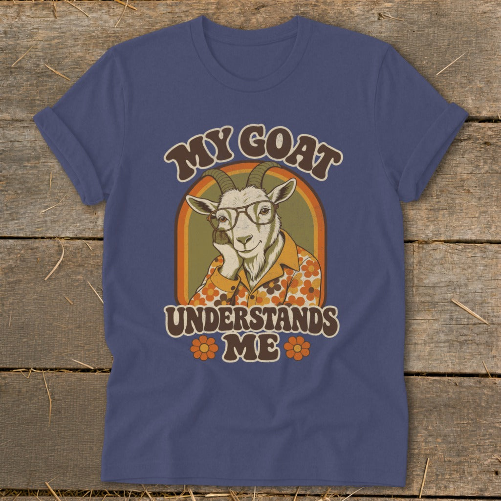Goat wearing glasses and a floral shirt with text "My Goat Understands Me."