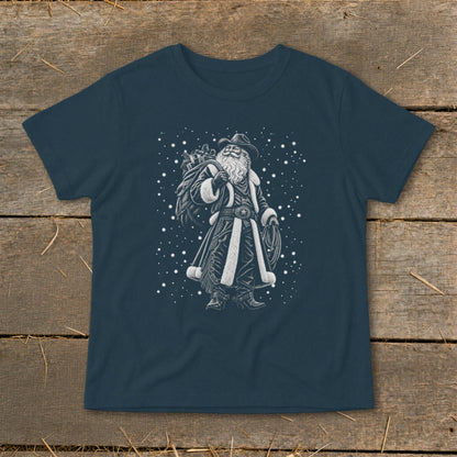 Cowboy Santa with sack of gifts and lasso on dark blue t-shirt.